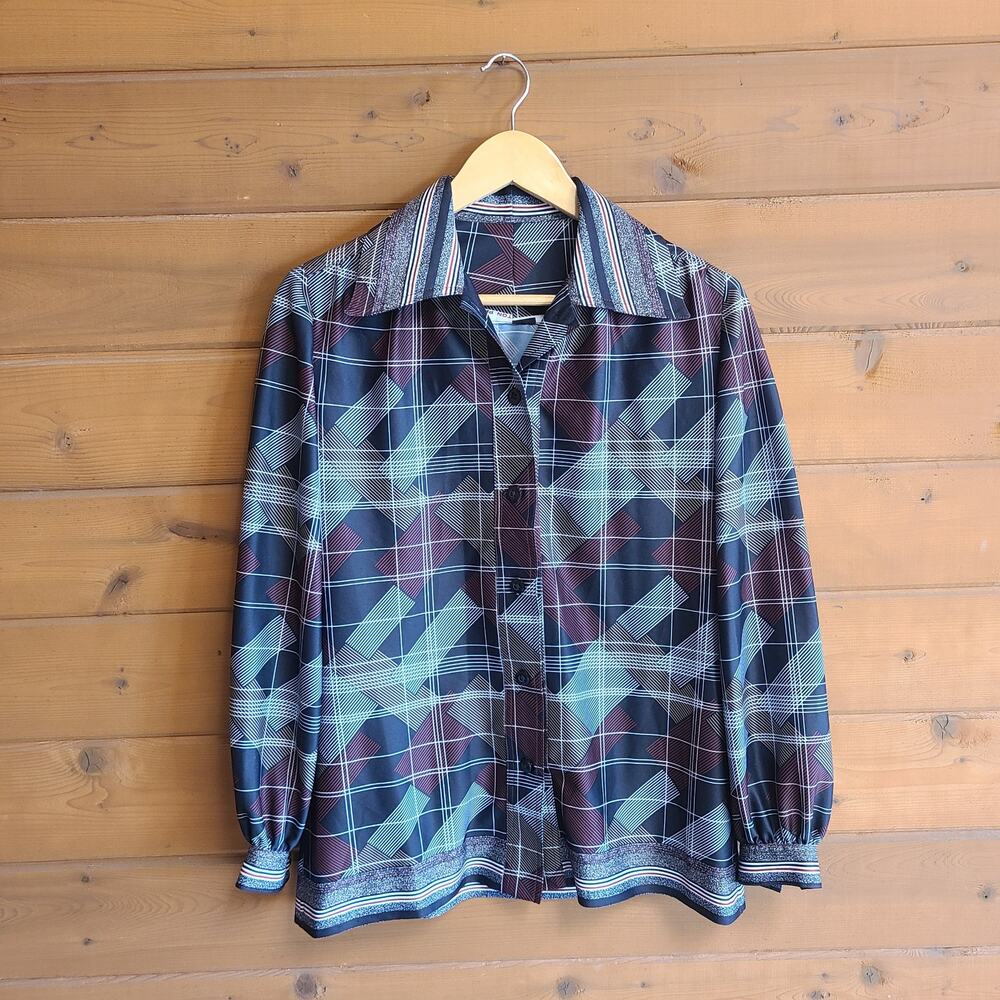 Vintage Top Blouse 70's Handmade Black Plaid MCM Art Deco Button Down Shirt Geo